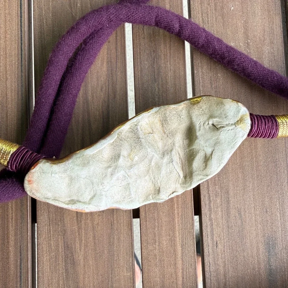 Vintage Artisan Ceramic Shell Rope Belt Purple Gold Glazed Sculptural Tie Belt